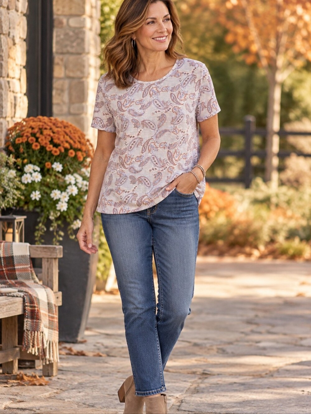 Talbots Paisley Print Top Large Short Sleeve Pink Blue
